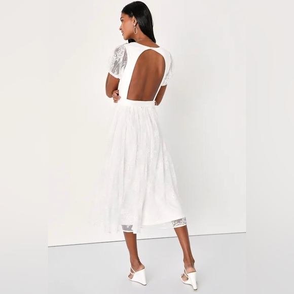 Lulus XSMALL Romantic Prose White Lace Puff Sleeve Midi Skater Dress - Picture 4 of 9